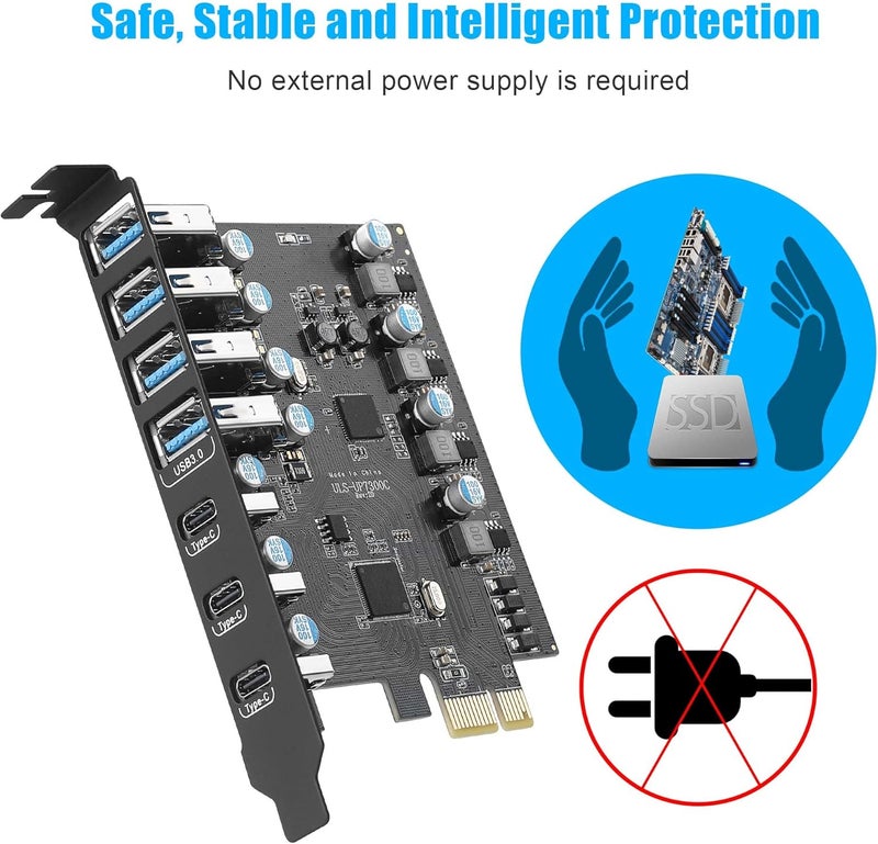 FANBLACK 7 Ports PCI-E to USB 3.0 Expansion Card (4 USB A and 3 USB C Ports), Internal Converter PCI Express Expansion Card for Desktop PC - Image 3